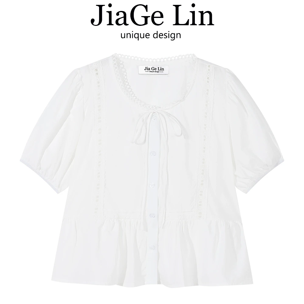JiaGeLin韩系甜美娃娃衫拼接蕾丝花边衬衫女夏季钩花镂空系带上衣
