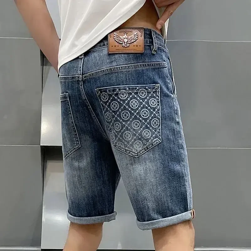 潮流设计感印花牛仔短裤男夏季薄款休闲五分裤男士宽松直筒中裤子
