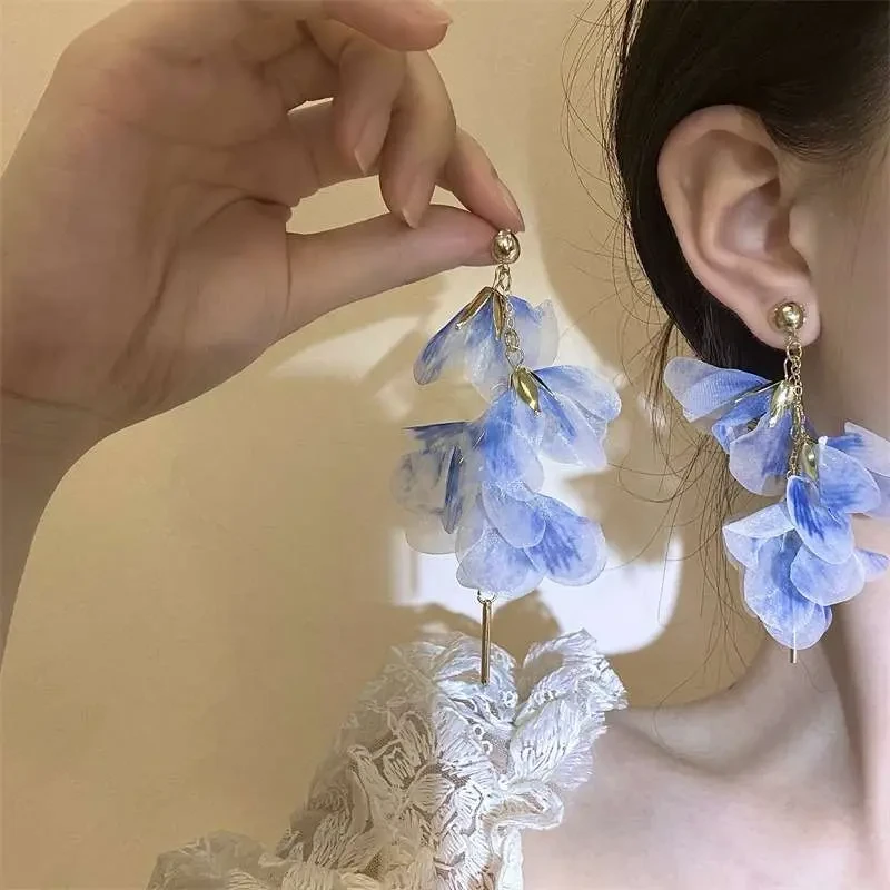 合金耳饰 超仙网纱流苏花瓣耳环女夏夸张海边度假风耳饰耳坠