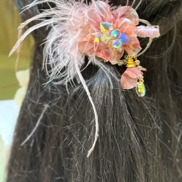 手工发夹水晶流苏羽毛粉红色边夹鸭嘴夹
