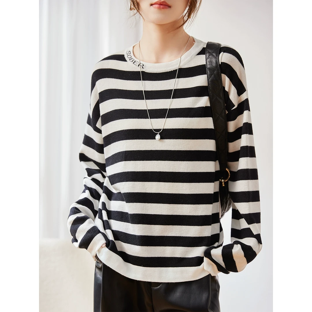 条纹德绒长袖t恤女冬2024新款欧货宽松羊毛打底内搭洋气显瘦上衣