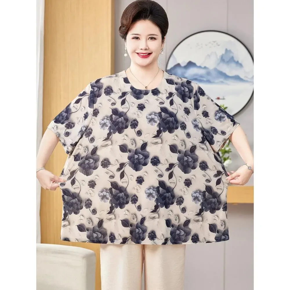 中老年女装夏季新款宽松遮肚显瘦上衣200斤胖妈妈时尚加大码短袖