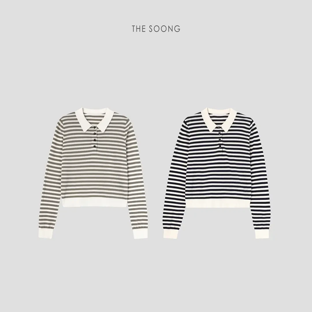 THESOONG|"经典条纹衫"天丝桑蚕丝撞色条纹半开领螺纹上衣WMY6346