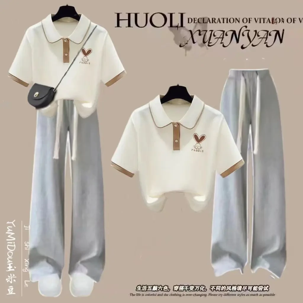 女童夏季套装polo领T恤新款女学生正肩短袖上衣+休闲阔腿裤两件套