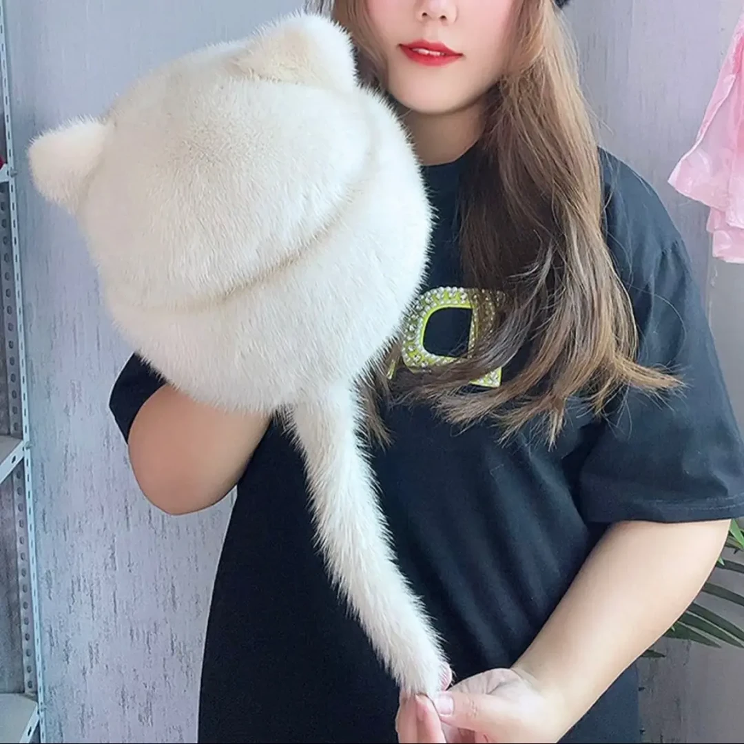 秋冬季新款皮草帽子女水貂皮毛帽子保暖护耳可爱猫耳朵帽个性减龄