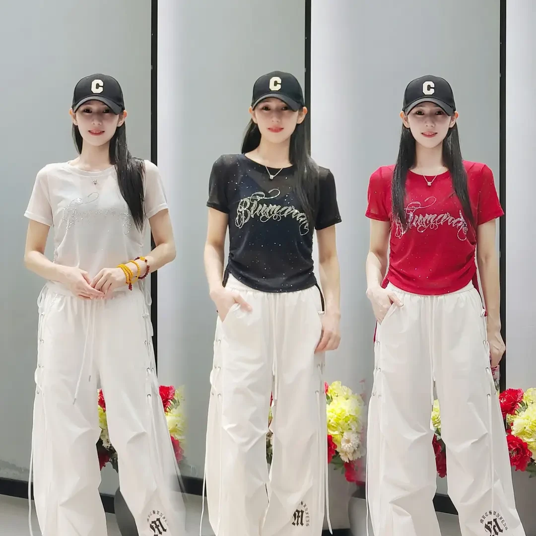 XD6852#气质运动洋气休闲夏季亮片网纱抽绳显瘦上衣百搭时尚T恤