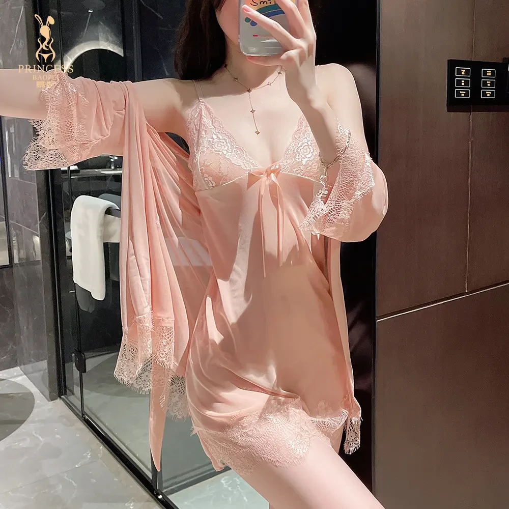 薄透蕾丝吊带睡裙4件装性感睡衣纯欲风修身情调大码情路诱惑睡袍