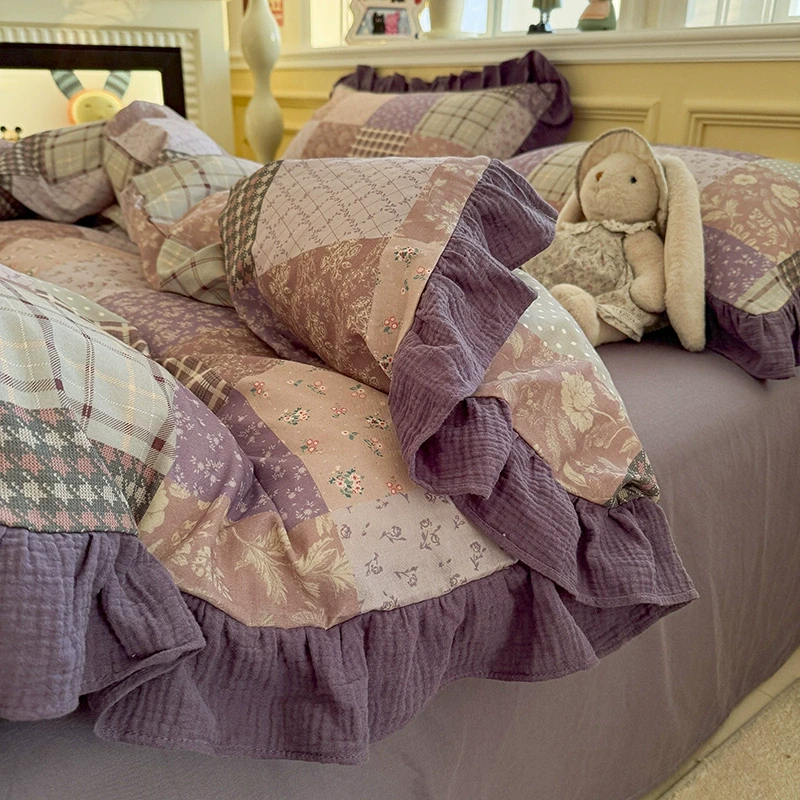 复古全棉双层纱床上四件套纯棉韩式皱皱纱花边被套床单床品三件套