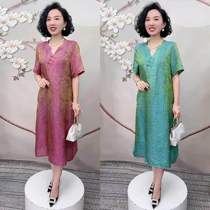 H夏季新款醋酸珠光变色连衣裙宽松遮肚短袖中长裙时髦V领气质长裙