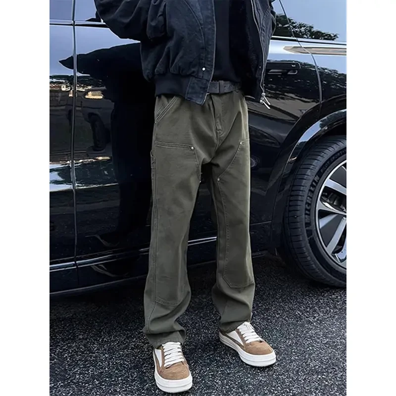 军绿色伐木工装裤男款秋冬季美式高街vibe牛仔裤修身水洗直筒长裤