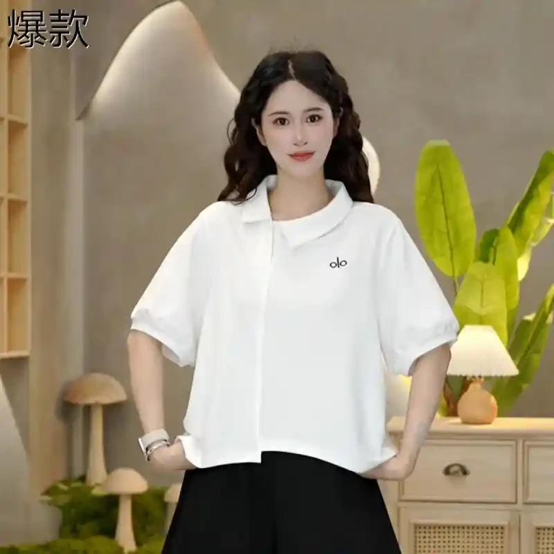 6741 夏季新款不规则刺绣斜领T恤女休闲百搭韩系不规则斜领T恤