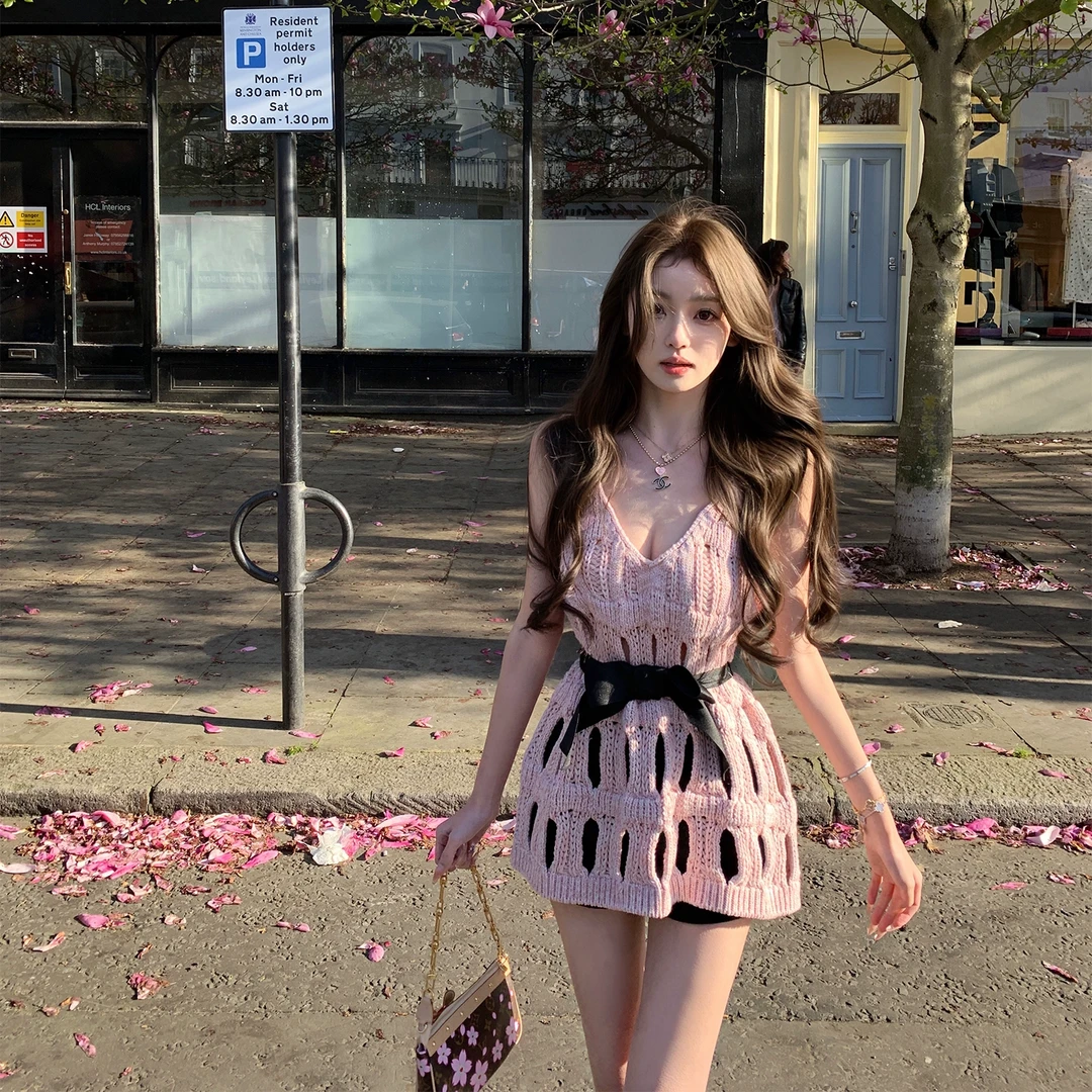 你的懒懒llan【香奶奶25S】重工编织背心裙针织V领连衣裙LL-2541607