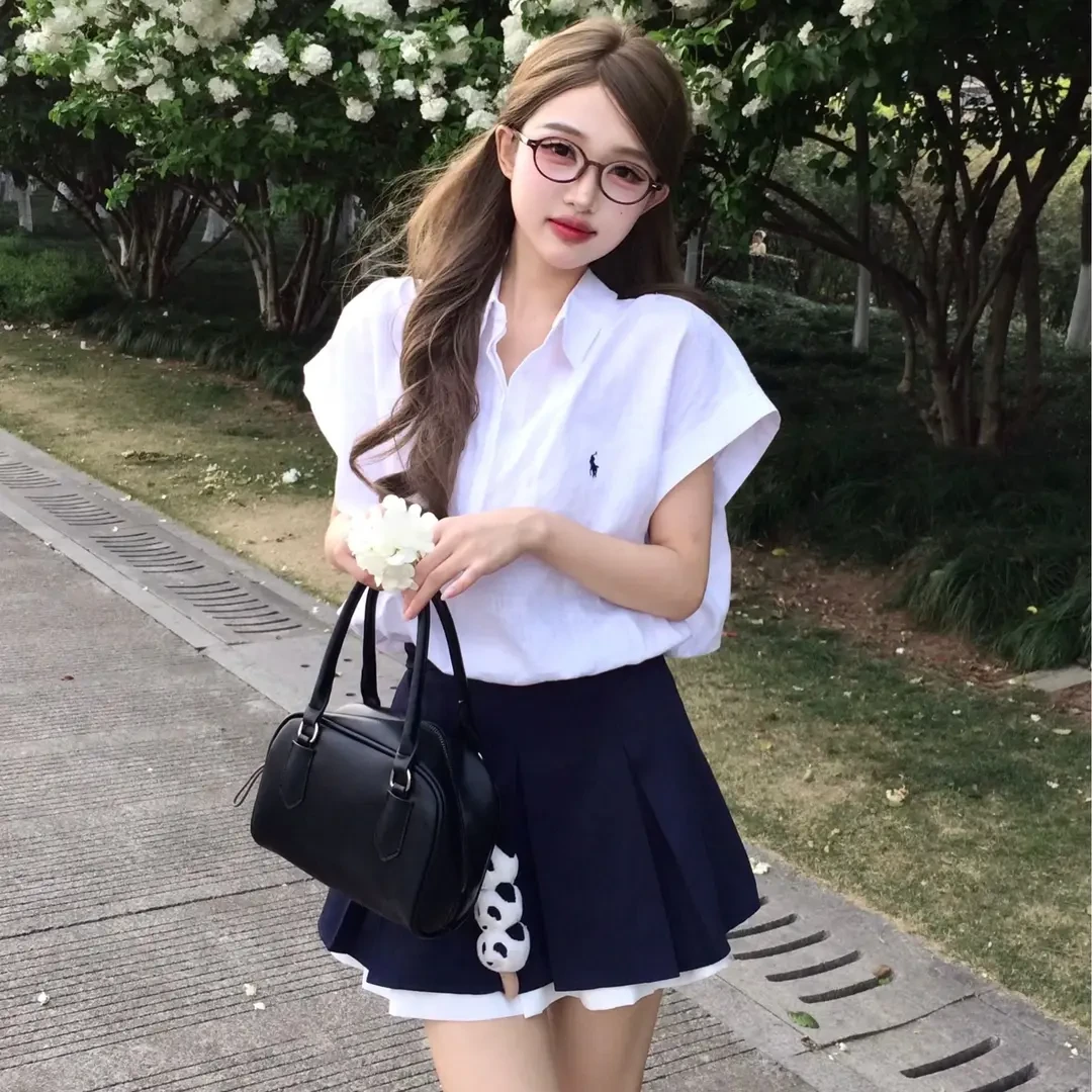 【南艺校高】夏季无袖短袖亚麻衬衫宽松设计感衬衣学院风套装7052