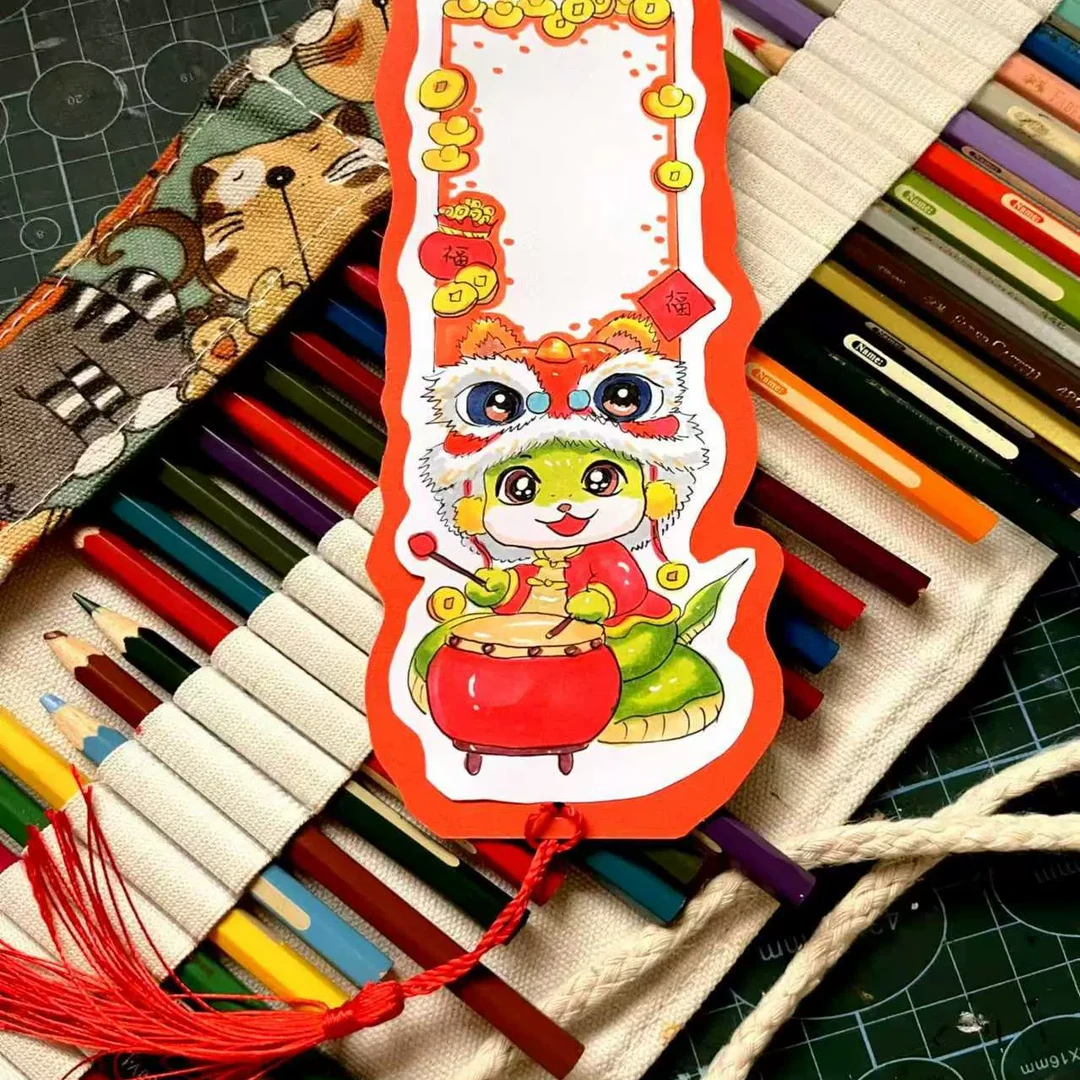 定制书签邮票手绘代画科幻画儿童画DIY生肖邮票代画手绘蛇年邮票