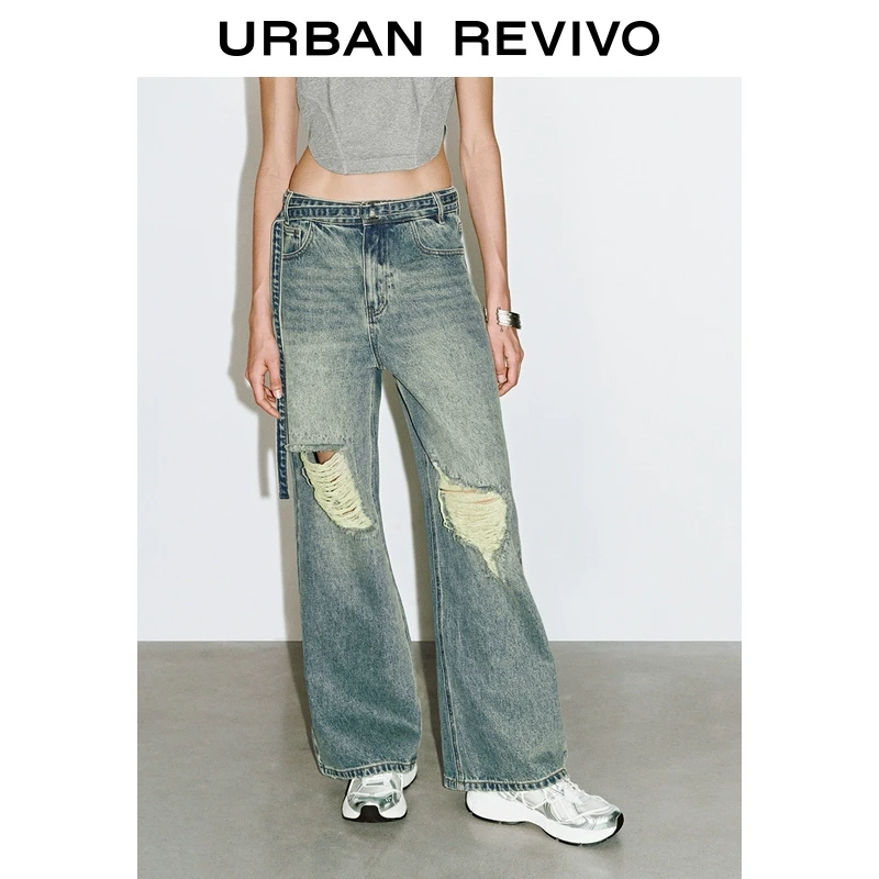 UR2025春季新款女装复古破洞腰带装饰阔腿牛仔长裤UYV850060