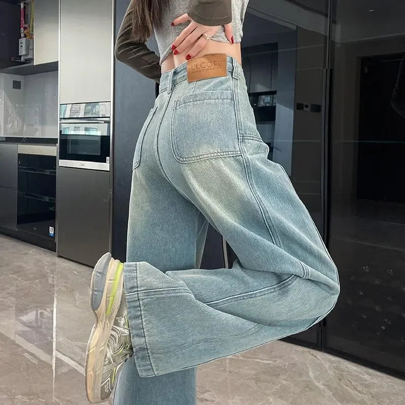 窄版阔腿牛仔裤女浅色设计感2025春季休闲风宽松直筒高腰显瘦长裤
