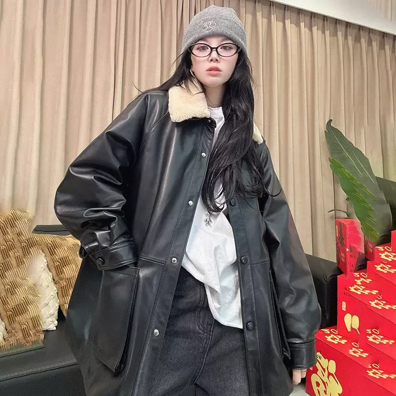 2025新款时尚洋气毛领真皮绵羊皮加棉简约时尚中长款皮衣外套