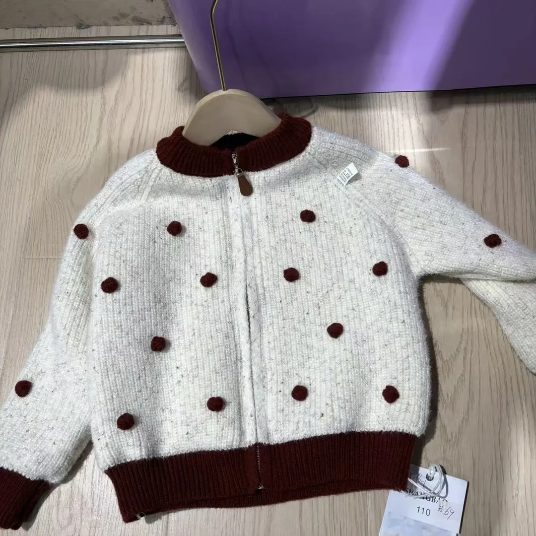 女童韩系圆点撞色毛衣秋冬季洋气加厚针织开衫保暖外套