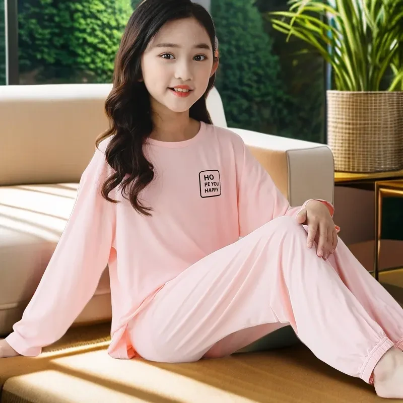 女童家居服莫代尔九分袖夏儿童睡衣套装薄款无痕中大童空调服长袖