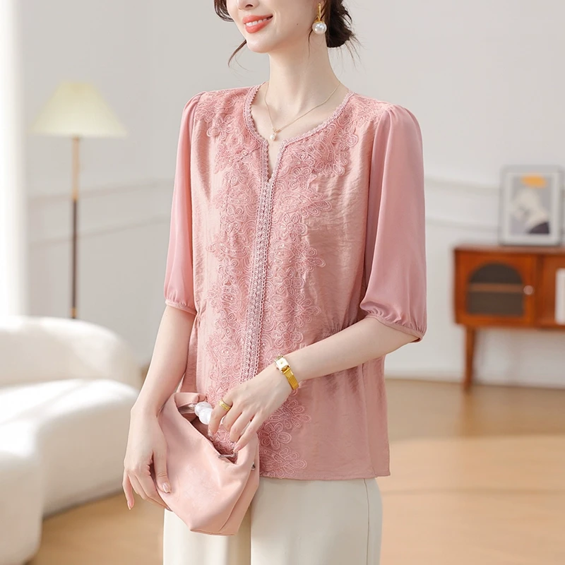 妈妈装宽松显瘦套装女2025夏季新款中老年女装时尚洋气纯色两件套