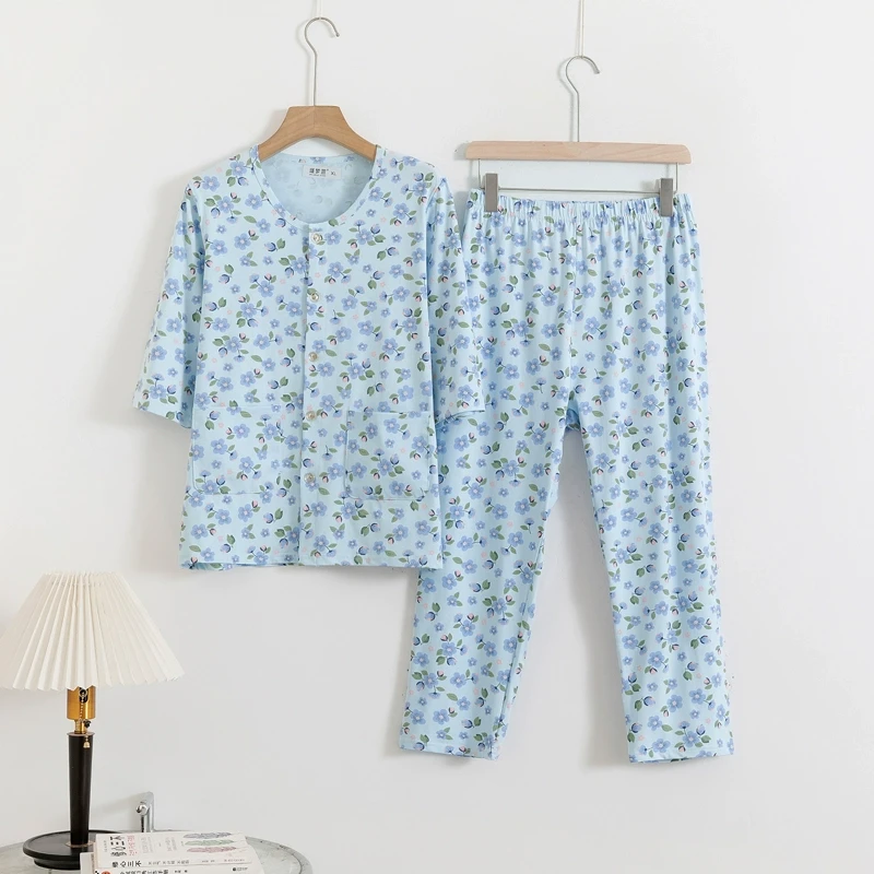 中老年女士纯棉薄款大码睡衣套装妈妈开襟七分袖加九分裤家居服