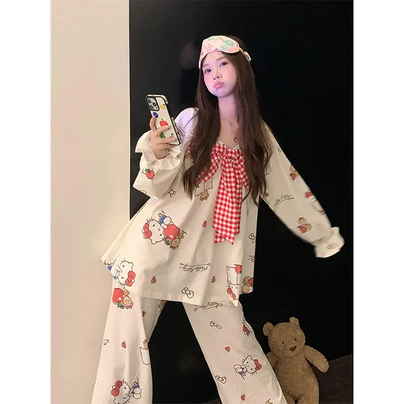 【来鸭】日系可爱蝴蝶结印花睡衣女秋季甜美少女大码长袖长裤家居服