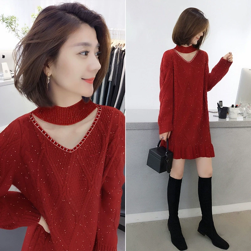 本命年红色镂空领细闪毛衣裙女秋冬2025新款中长款针织打底连衣裙