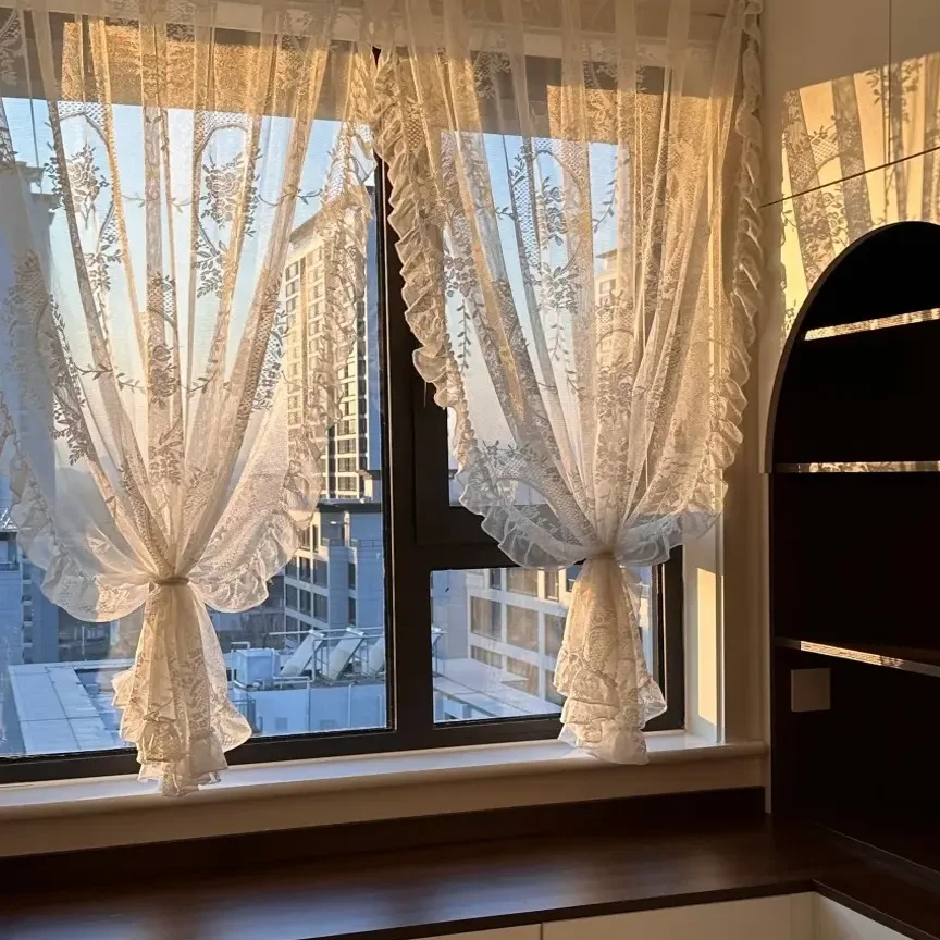 法式复古蕾丝纱帘免打孔魔术贴飘窗内开窗窗帘门帘隔断帘