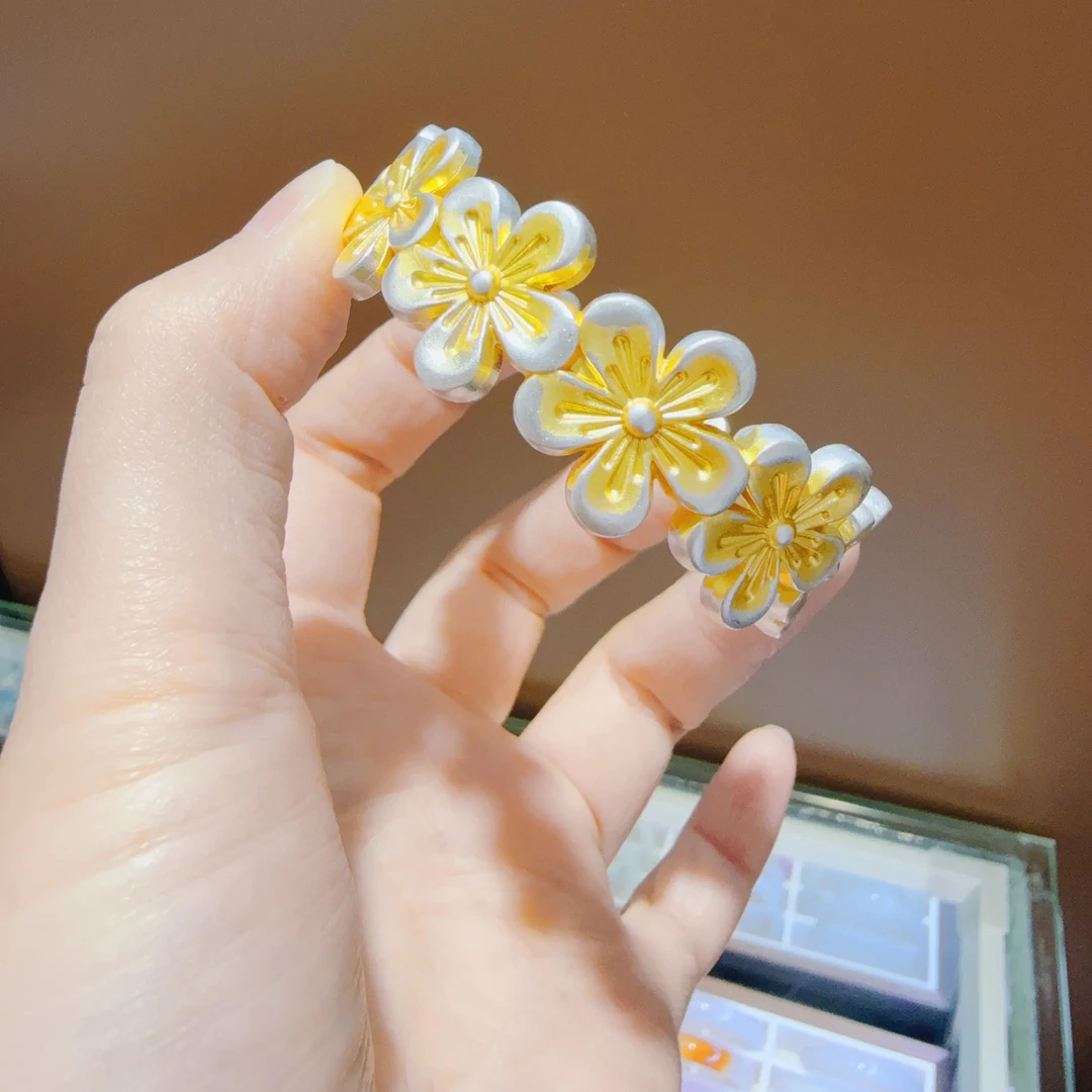 足银手镯 桃花描金工艺手镯