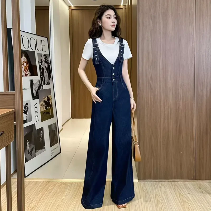 百搭春秋阔腿裤套装女2025春新款收腰设计感小个子牛仔背带裤 T恤