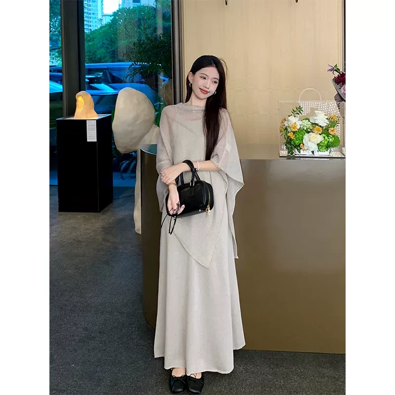 魅影仙女不规则针织罩衫披肩高级感气质慵懒风吊带连衣裙两件套秋