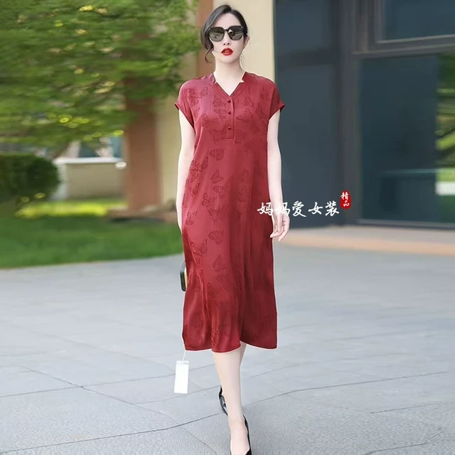 醋酸真丝提花大码妈妈连衣裙2025夏季新款宽松遮肉气质减龄长裙子