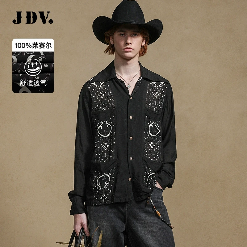 J.D.V2025春季商场同款黑色印花长袖休闲衬衫莱赛尔上衣SIC4366