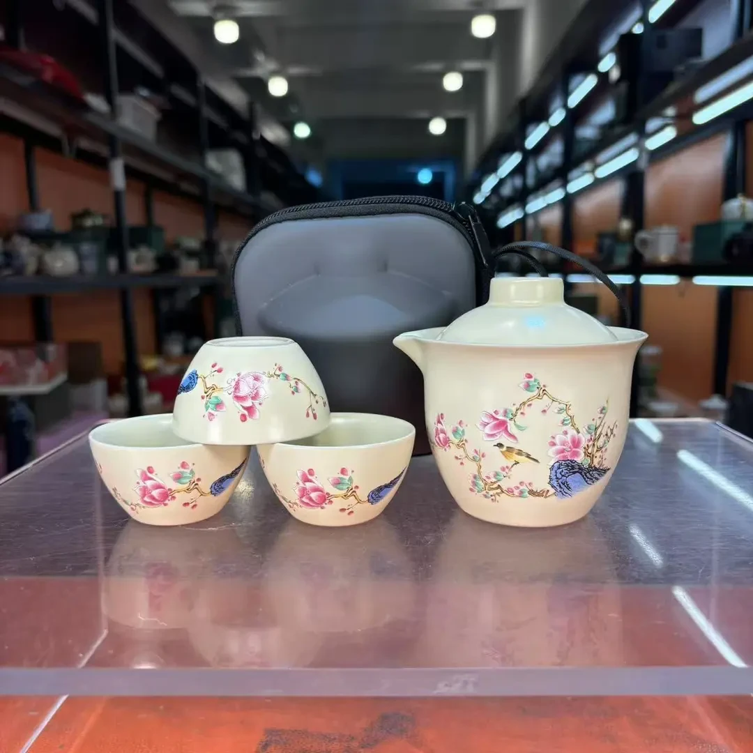 复古陶瓷米黄汝窑青山桃花一壶三杯旅行茶具快客杯K22