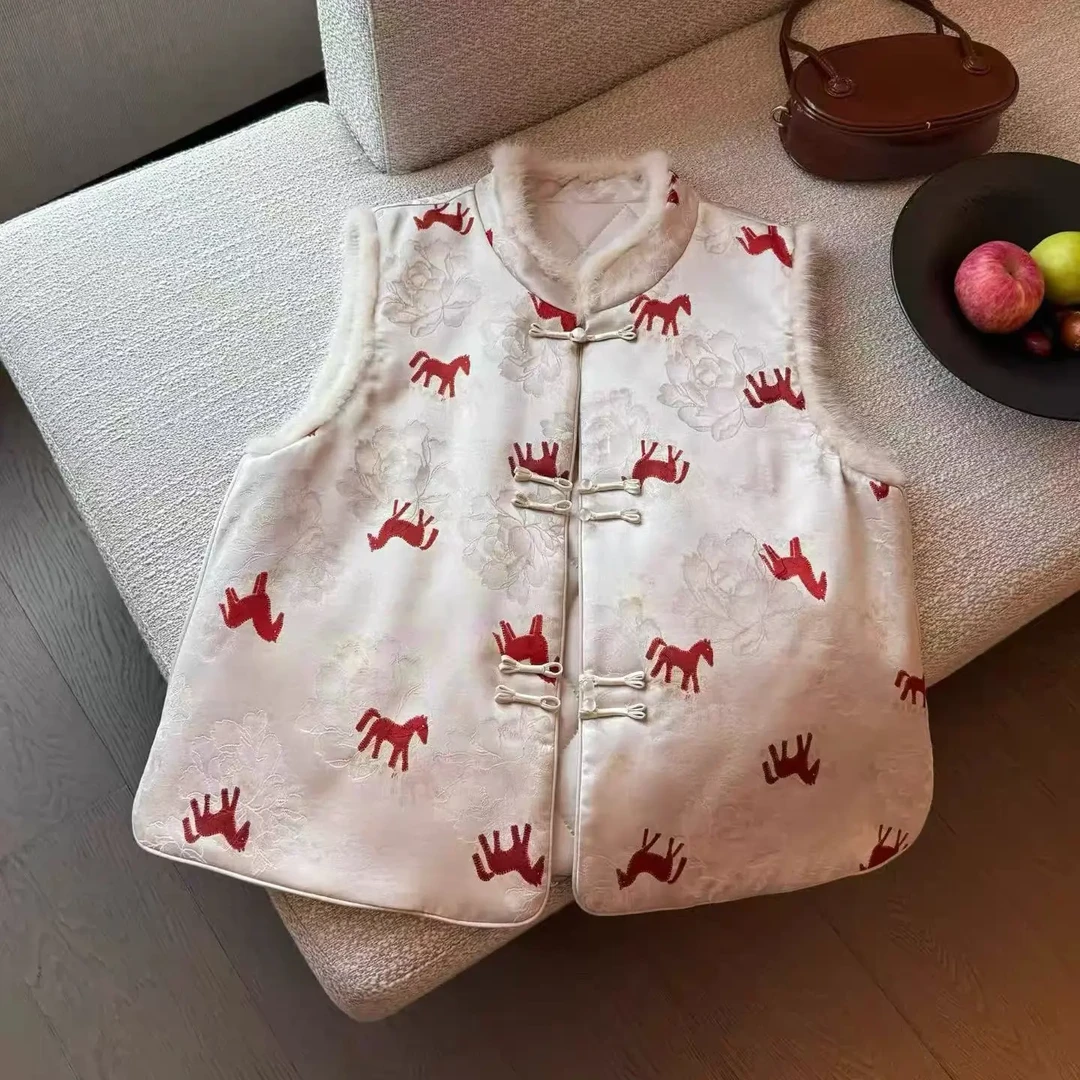 【加棉】红色新年马甲女新中式国风冬季刺绣加厚保暖百搭马甲女马夹