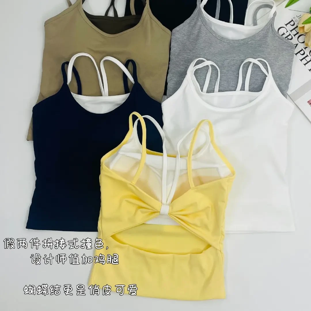 【蝴蝶结美背吊带】撞色假两件吊带背心女夏季外穿辣妹带胸垫上衣Y
