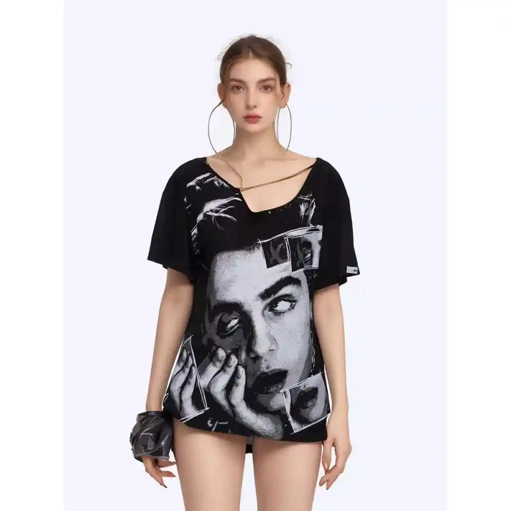 现货速发 24ans人头印花短袖T恤女大露背炼条设计宽松上衣