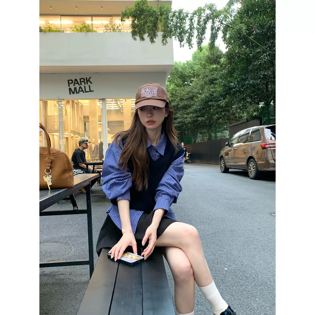 韩系学院风套装女蓝色格子衬衫上衣早春叠穿针织马甲小背心两件套