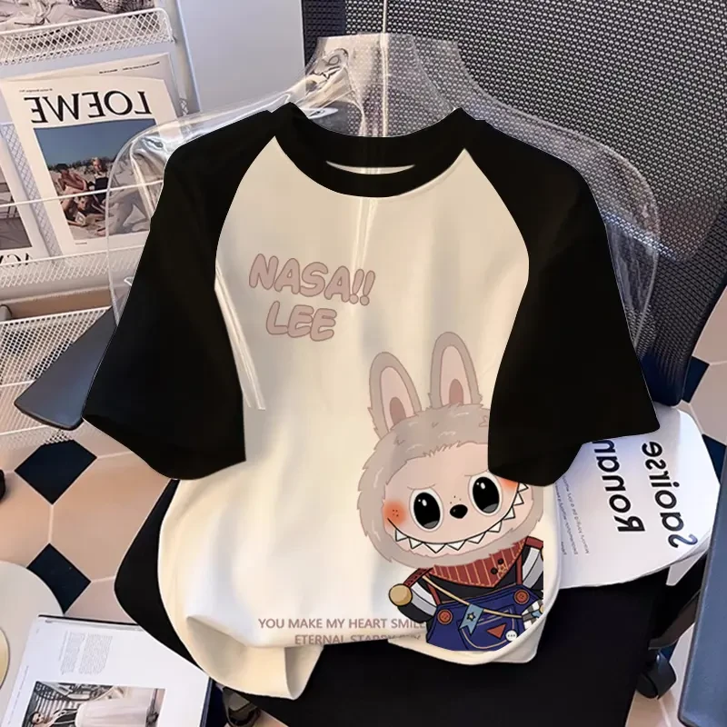 拉布布男女童T恤衣服夏纯棉拼接短袖童装上衣中大童卡通图案半袖