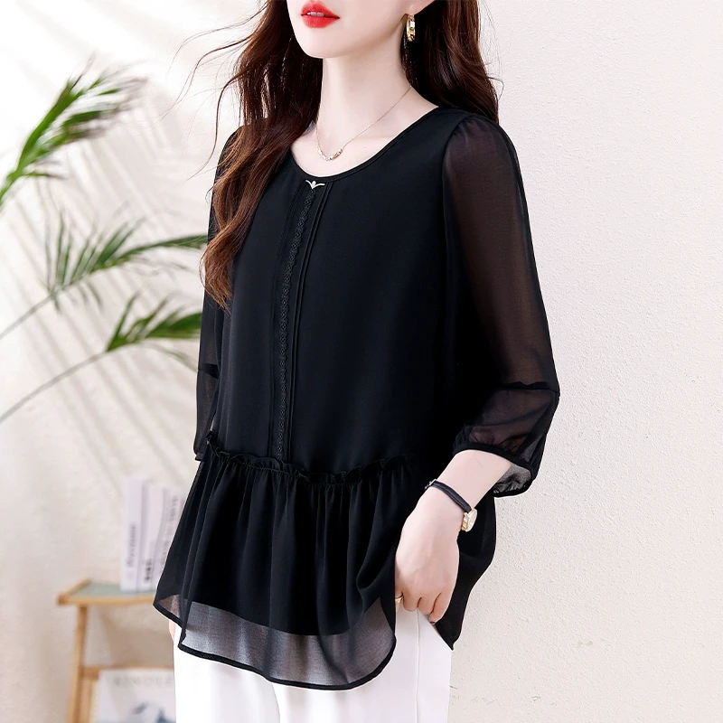 夏季圆领黑色雪纺衫女2025宽松型显瘦时尚洋气遮肚大码七分袖上衣