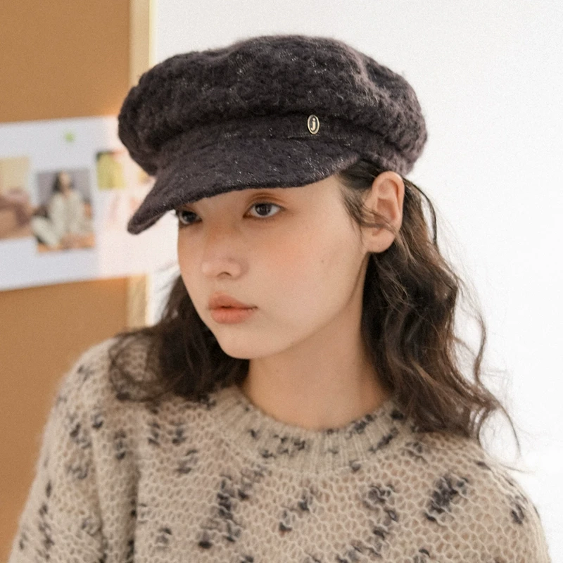 JOJOKUR别致老钱风低调银丝暗棕玫瑰圆顶造型羊毛显脸小报童帽