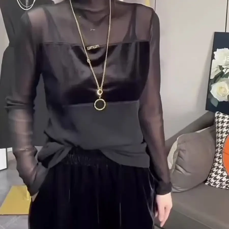 时髦网纱拼接长袖打底衫女款秋季内搭