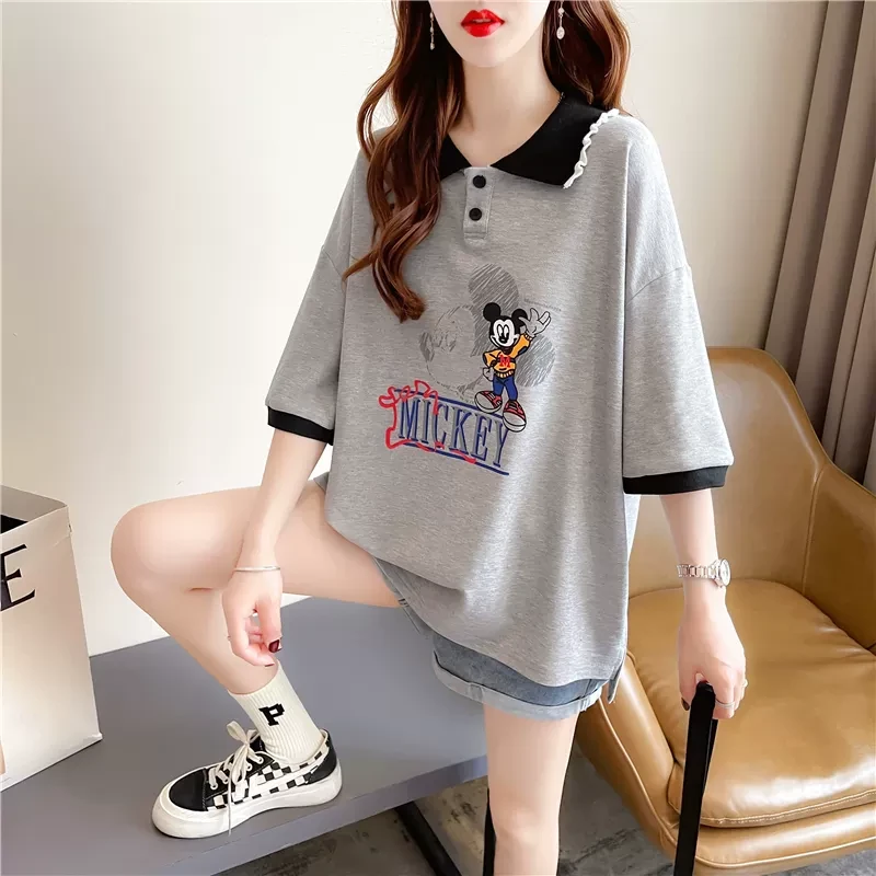 大码女装POLO领短袖t恤女2024新款夏季宽松拼接撞色体恤半袖上衣