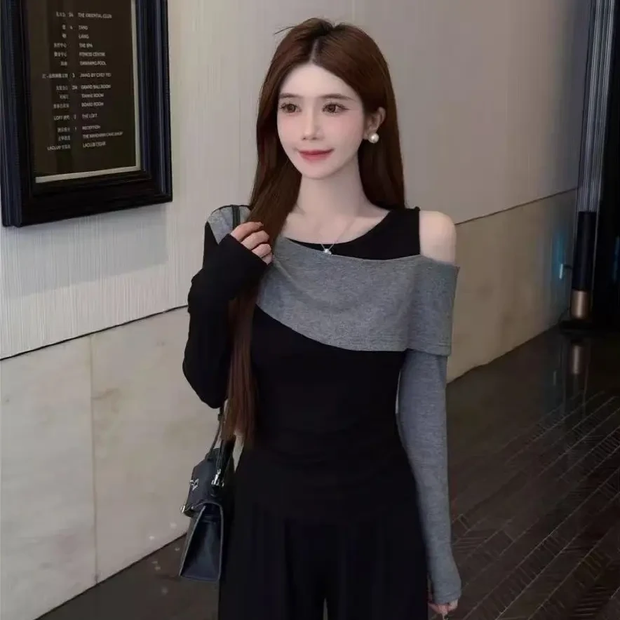 拼接长袖宽松型抗起球镂空女T恤韩版时尚修身短款