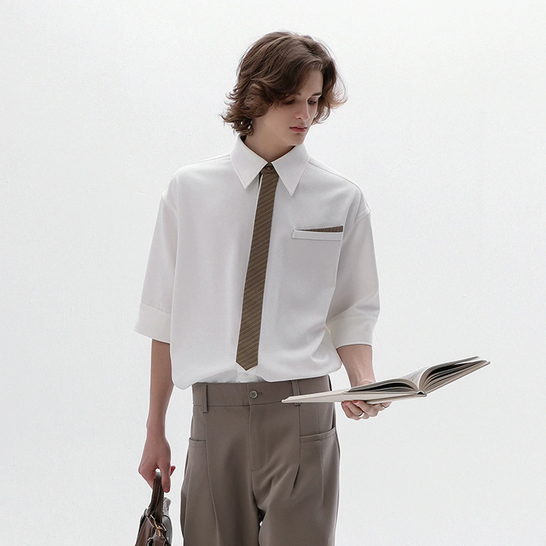 CHOR夏季新款男装时尚气质男士短袖衬衫假领带高级感衬衣百搭潮流