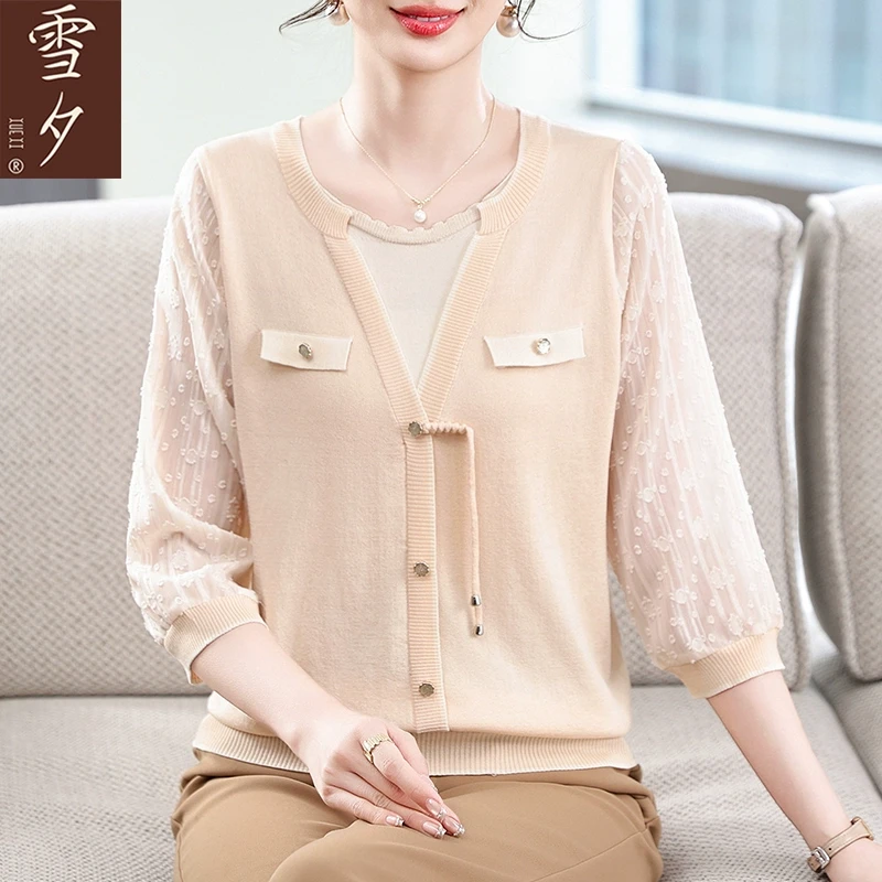 新中式妈妈春装薄款针织小衫中老年纱袖打底上衣宽松T恤2025新款