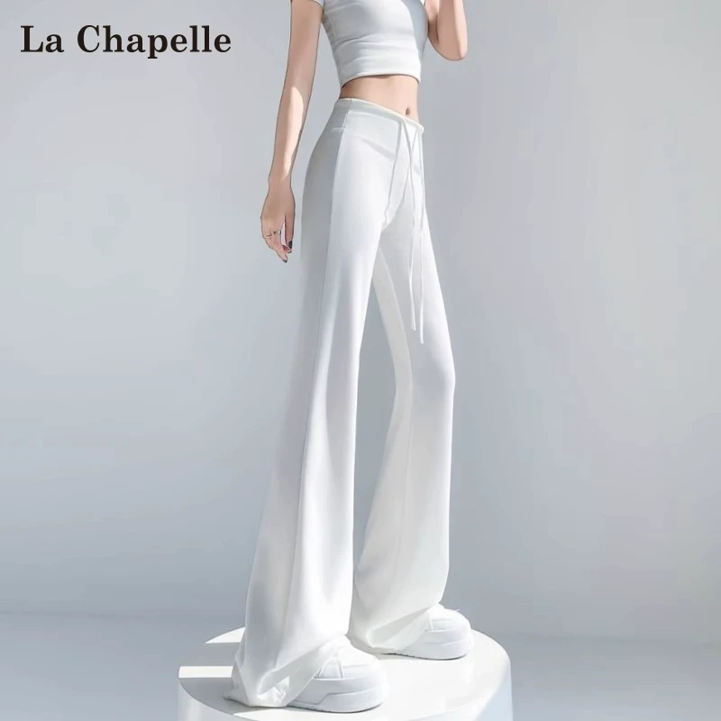 拉夏贝尔白色美式冰丝微喇运动卫裤女夏季薄款瑜伽马蹄休闲喇叭裤