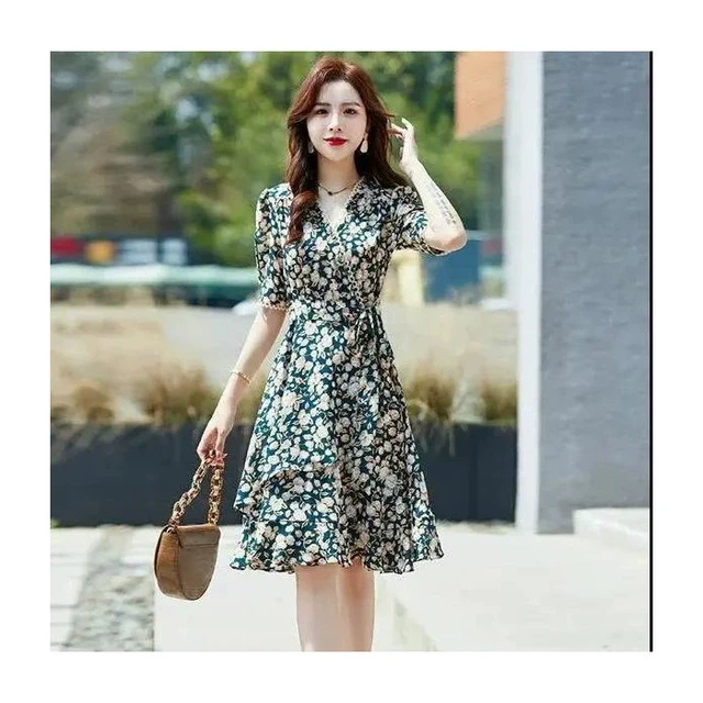 显瘦短袖碎花时尚妈妈连衣裙女夏季大码女装法式梨型身材中长裙子