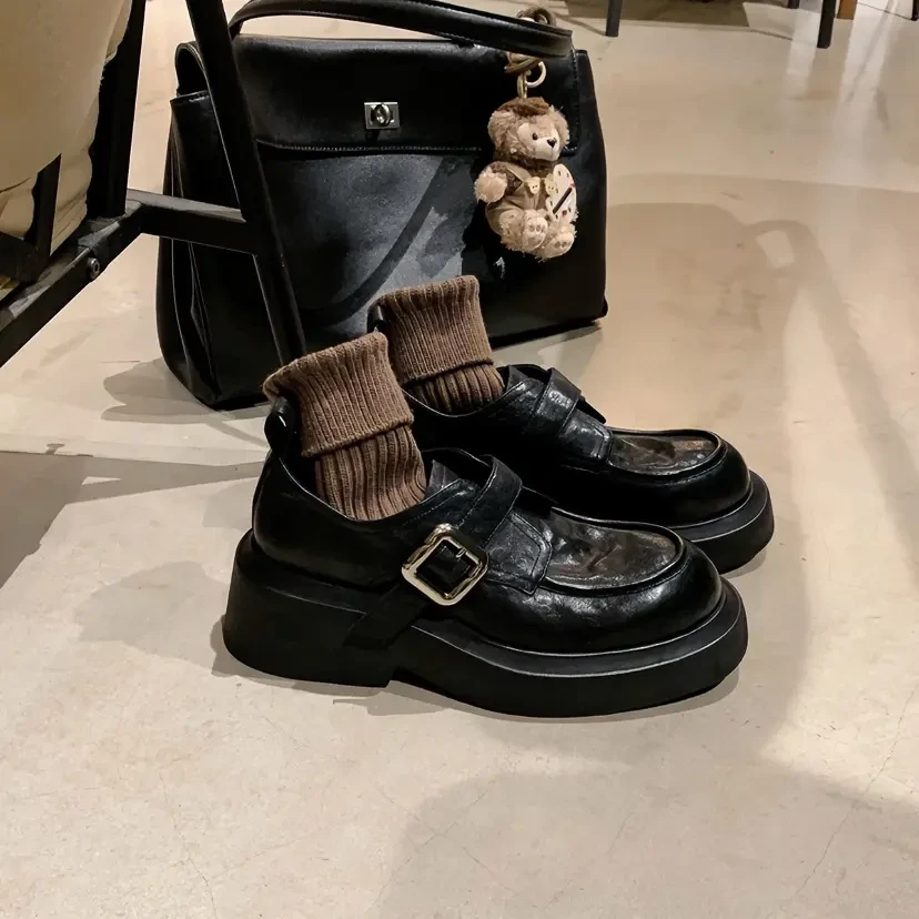 水洗~真皮复古一脚蹬厚底小皮鞋女秋冬英伦风粗跟乐福鞋单鞋