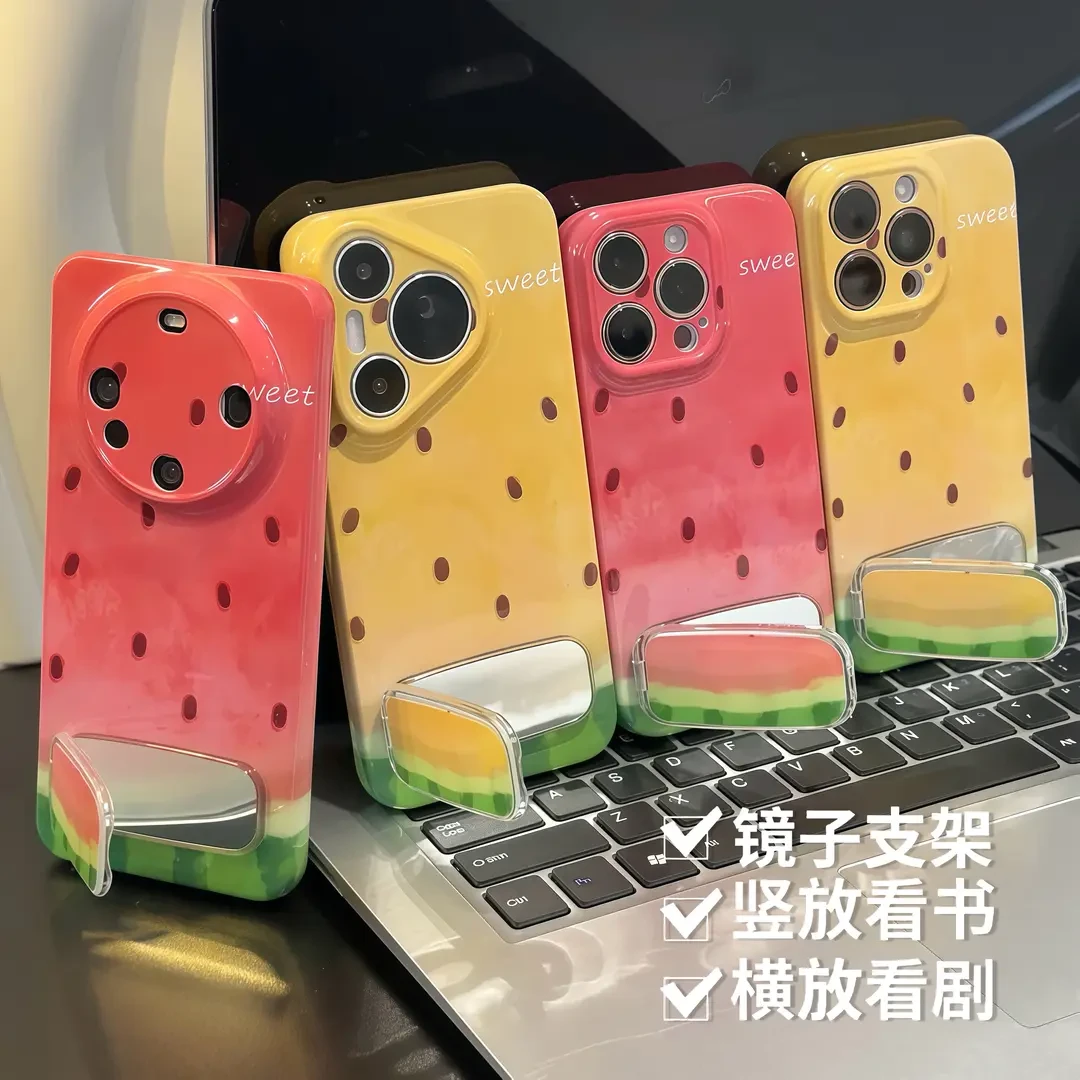 夏日水彩西瓜镜子支架适用iPhone苹果16手机壳华为oppo小米15vivo